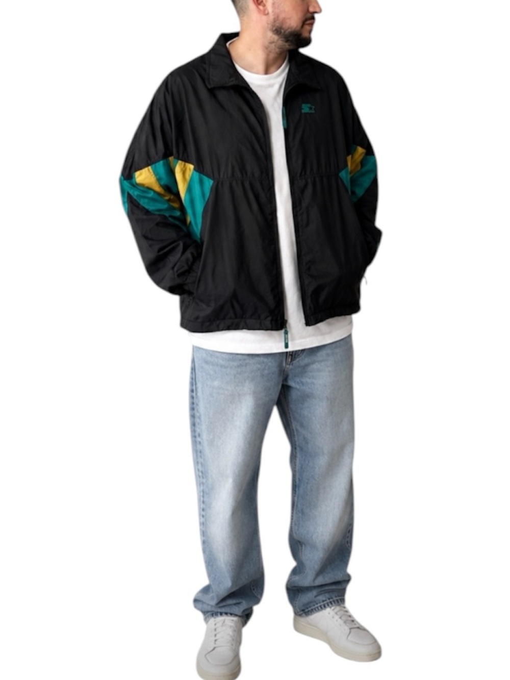 Vintage Starter Colorblock Windbreaker Jacket Black Teal Yellow 90s Streetwear O